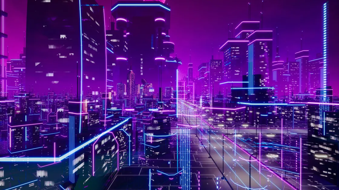 Futuristic neon cityscape representing the evolving future of work and AI-driven transformation.