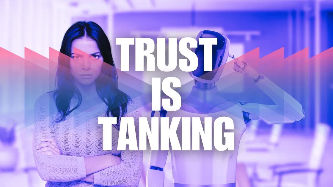 Woman with arms crossed standing beside a confused-looking robot, symbolising workplace tension and AI disruption.