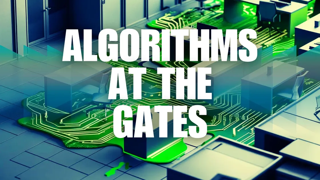 Isometric illustration of office desks and cubicles merging into a vivid green circuit board, overlaid with the bold white headline “Algorithms at the Gates.