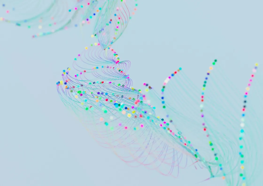 Abstract network of colorful nodes and lines on a light blue background, evoking a skills graph and AI hiring matches for the OpenAI jobs platform.