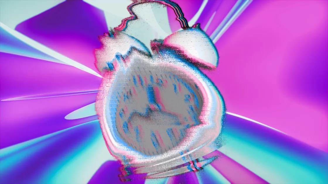 Neon pink, purple and blue abstract background with a warped glitch alarm clock.