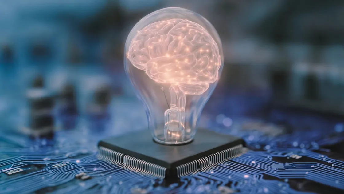 A glowing brain inside a lightbulb sits on top of a computer chip on a circuit board, suggesting AI and workplace technology.