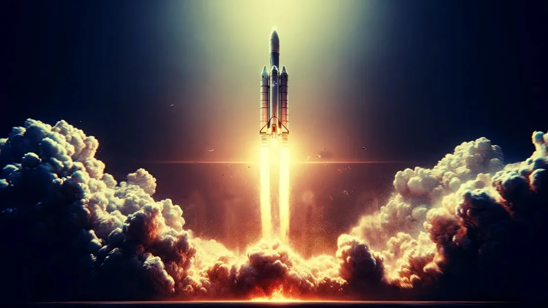 A rocket blasting off through dense clouds into the sky, suggesting rapid acceleration and a narrowing window to act.