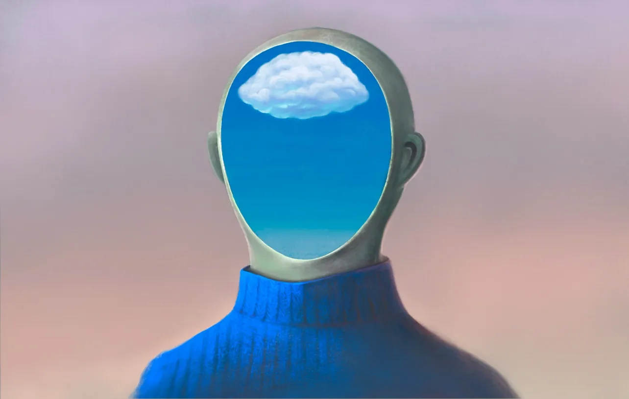 A surreal illustration of a person with a cloud inside their head, symbolising creative thinking and strategic vision in employer branding.