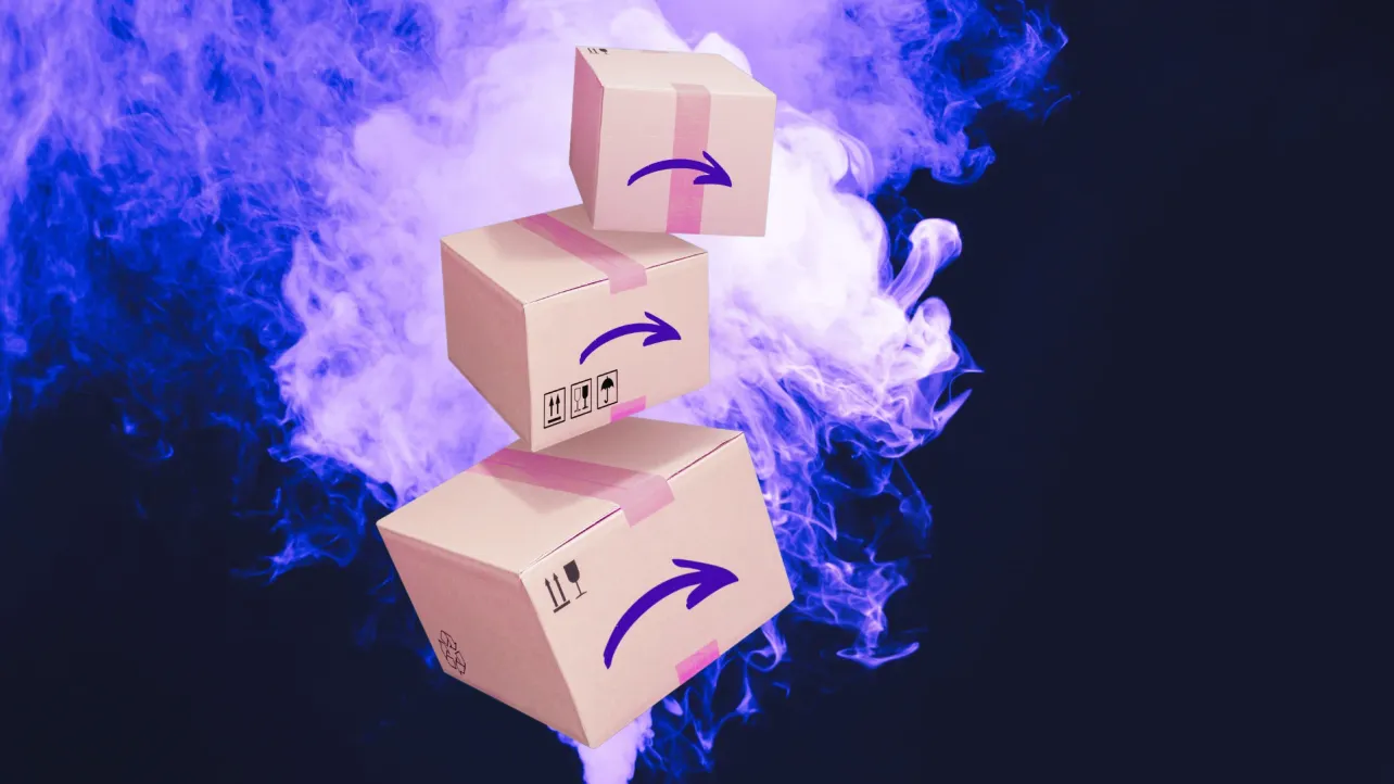 Three parody shipping boxes with an inverted, sad smile logo stacked vertically, surrounded by purple-blue smoke on a dark background.