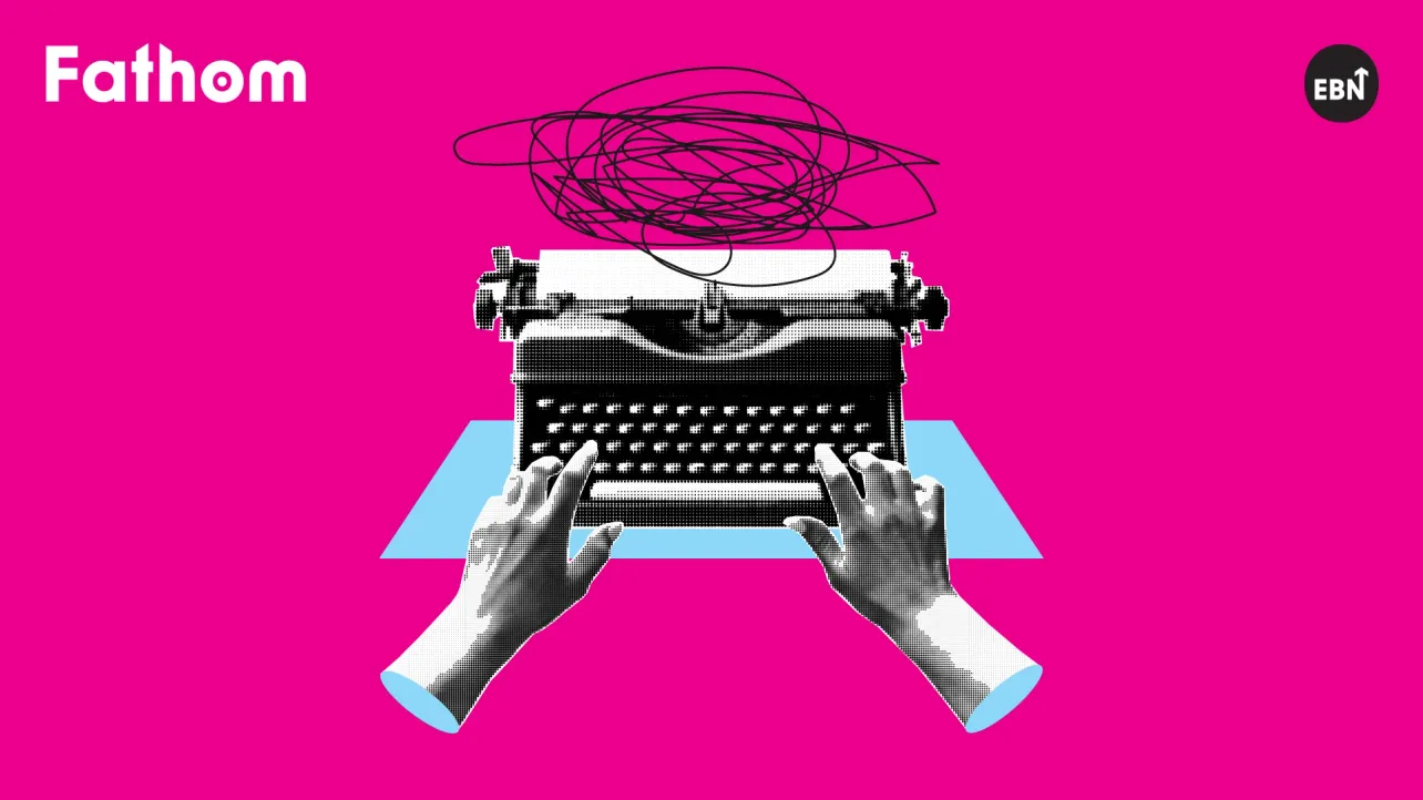 Hands typing on a vintage typewriter with a tangle of chaotic scribble lines rising from the page, on a bold pink background — illustrating the confusion of a poorly written brief.