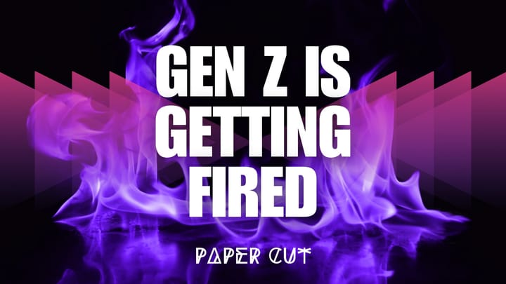 Gen Z is getting fired! Purple flames create a dramatic effect highlighting employment struggles among young workers.