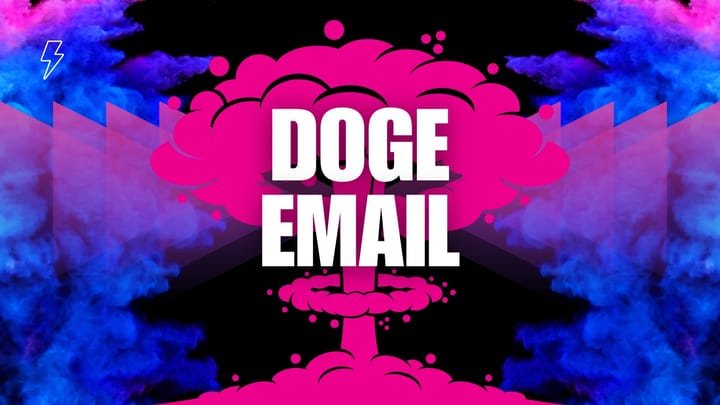 Bold "DOGE EMAIL" text on a pink mushroom cloud explosion, neon blue and pink smoke, chaos, disruption, and viral impact.