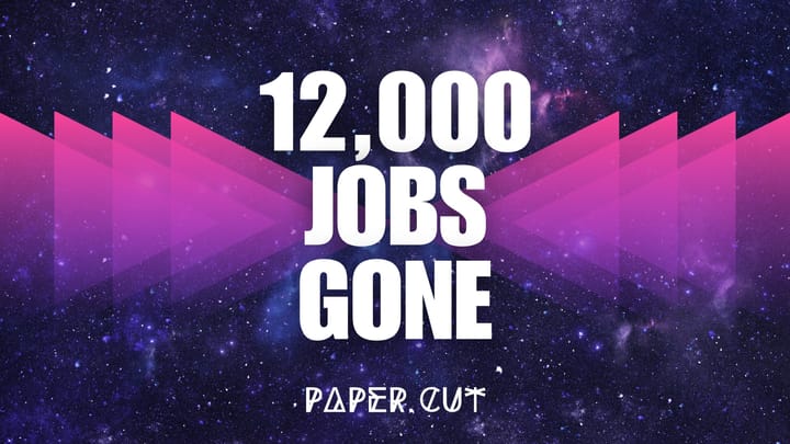 12,000 jobs gone! Bold text over a cosmic background highlights massive layoffs and employment uncertainty.