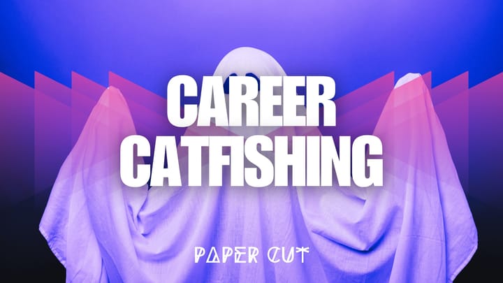 Career catfishing! A ghostly figure under a sheet represents deceptive hiring trends and fake job applications.