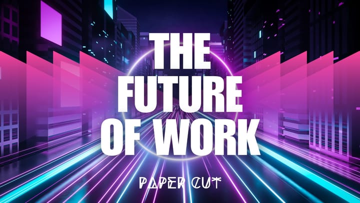 The future of work! A neon-lit cityscape symbolizes technological advancements, remote work, and evolving job landscapes.