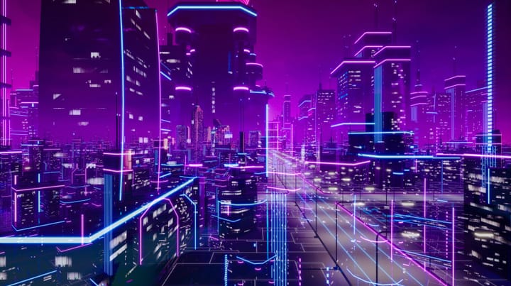 Futuristic neon cityscape representing the evolving future of work and AI-driven transformation.