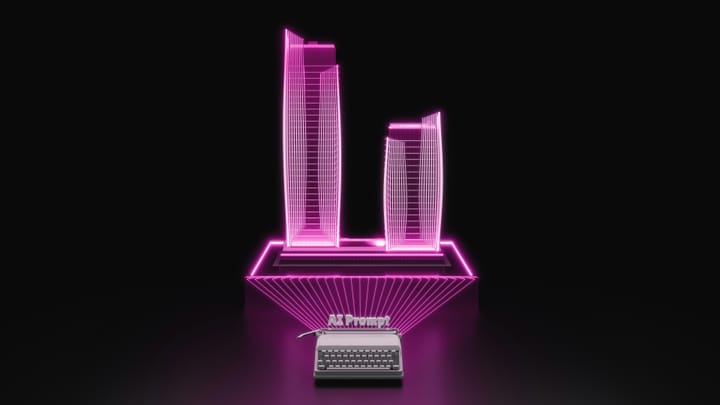 White typewriter with AI Prompt projecting a neon pink synthwave skyline, symbolizing the shift from traditional work to AI