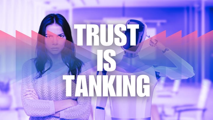 Woman with arms crossed standing beside a confused-looking robot, symbolising workplace tension and AI disruption.