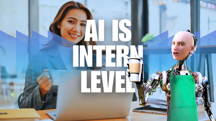 Woman smiles with coffee as humanoid robot in green apron serves drink; bold text reads AI IS INTERN LEVEL.